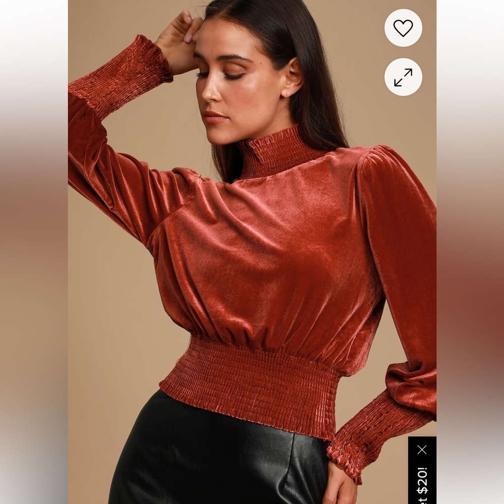 Lulus Cayden Velvet Smocked Long Sleeve Top in Rust Red, Size Small, EUC